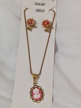 Fashion Jewelry gold-tone necklace with pink cameo and coral floral earrings